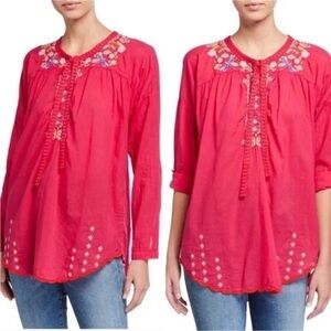 Johnny Was hot pink Georgette blouse with dragonfly & floral embroidery Small
